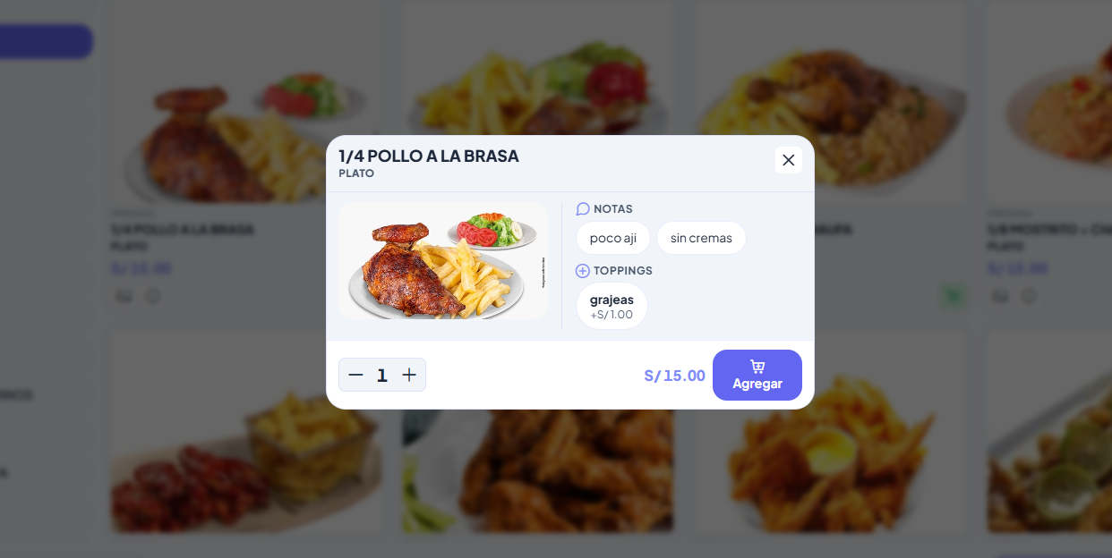 Ficha de producto en el tótem de autoservicio con notas y toppings seleccionables